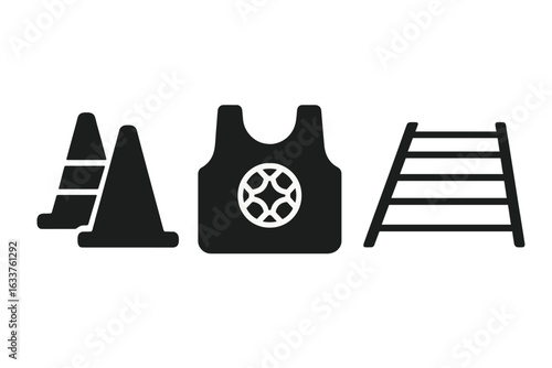 Soccer training equipment vector icons set. Solid silhouette symbols of soccer cones, training bib, agility ladder, football coaching, speed drills, sports practice tools, black isolated graphics
