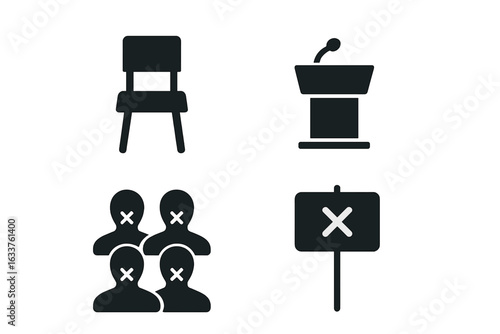 Social Silence Vector Icon Set. Solid Symbols of Silence Concept: Empty Chair, Vacant Podium, Silent Crowd with Cross Mouths, Mute Protest Sign. Metaphor for Censorship, Protest, Absence, Suppression