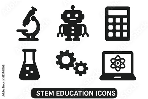 STEM education icons vector set. Science technology mathematics engineering learning symbols. Microscope robot calculator beaker gears laptop atom. Modern solid black silhouette education icons
