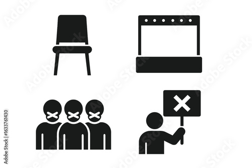 Social Silence Concept Icons Set. Solid Black Vector Illustrations: Empty Chair, Vacant Stage, Crowd with Taped Mouths, Silent Protest, Censorship, Suppression, Protest Ban, Freedom of Speech Crisis