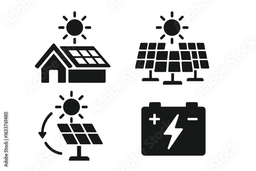 Solar power energy icons set. Black solid vector illustrations of residential rooftop solar panels, solar farm, sun tracker, photovoltaic system, battery storage, renewable energy generation concepts.