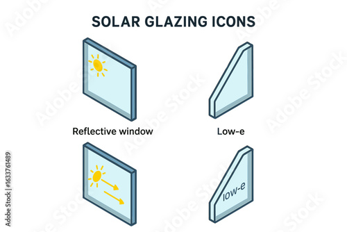 Solar glazing icons set, isometric reflective window pane, low-e glass sample, energy-efficient building facade concepts, heat control glass, sunlight reflection, eco-friendly architecture elements