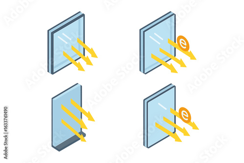 Isometric set of solar glazing icons, solar reflective window options, insulated glass units, low-e glass sample, energy efficient window panes, vector illustration, transparent background
