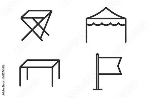 Street vendor accessories icons set. Outline vector pack of folding stool, canopy tent, portable table, signage flag. Outdoor market equipment line art. Festival booth furniture graphic elements.
