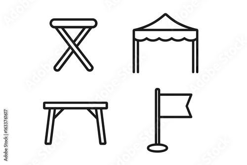 Outline street vendor icons set featuring folding stool, canopy tent, portable table, and signage flag, vector illustration of mobile food stall accessories on transparent background