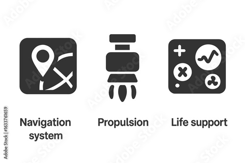 Space Technology Icon Set. Solid Filled Vector Icons of Navigation System, Space Propulsion, Life Support, Spacecraft Controls. Futuristic Space Travel Symbols for Technology, Exploration, Science.