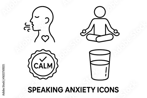 Speaking Anxiety Management Outline Icons Set. Public Speaking Stress Relief Vector. Deep Breathing, Meditation Pose, Calm Badge, Glass of Water. Mindfulness, Relaxation, Wellness Concepts
