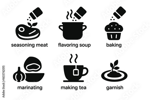 Black solid spice icons set. Seasoning meat, flavoring soup, baking, marinating, making tea, garnishing. Food preparation uses. Ingredient icons for cooking, culinary kitchen, vector illustration