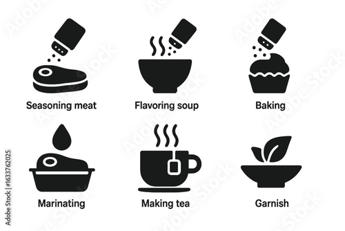 Spice Use Icon Set. Solid Filled Vector Symbols for Seasoning Meat, Flavoring Soup, Baking, Marinating, Making Tea, and Garnishing. Culinary Cooking Elements, Food Preparation, Modern Black Pictograms