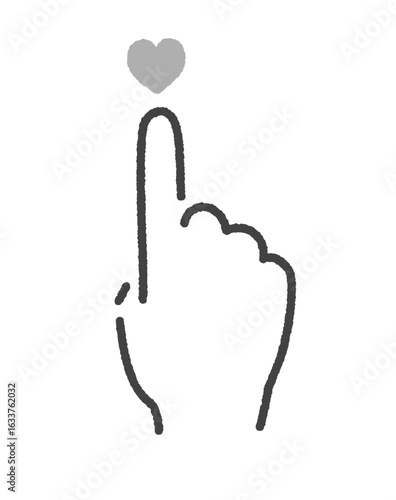 グレーのハートを押すシンプルな人の手の手書きのイラスト - いいねボタンやSNS、のイメージ素材