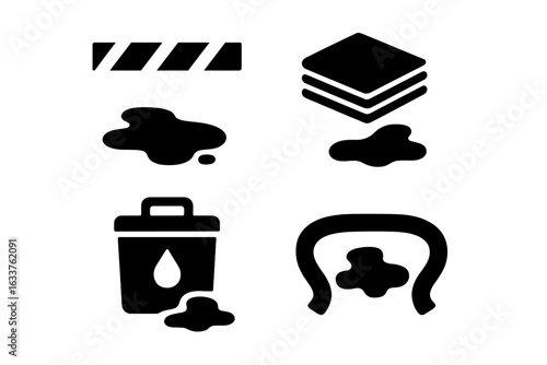 Spill Containment Icons Set. Solid Vector Symbols for Hazardous Spill Cleanup, Safety Barrier Tape, Absorbent Pads, Spill Kit, Liquid Waste Management, Industrial Workplace, Environmental Protection