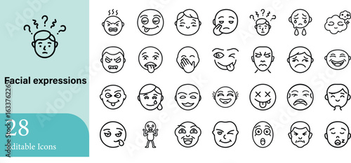 A comprehensive set icon collection of various human facial expressions depicting emotions such as anger sadness happiness and confusion