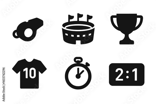 Black Solid Sports Icons Set Vector. Whistle, Stadium, Trophy, Number 10 Jersey, Stopwatch, Scoreboard Symbols. Team Competition, Match Elements, Athletic Event, Game Results, Winner Cup Illustration