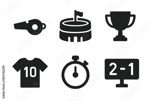 Black Solid Sports Icons Collection. Whistle, Stadium, Trophy Cup, Jersey Number 10, Stopwatch, Scoreboard. Team Sports Equipment and Competition Event Symbols. Vector Illustration Isolated Set
