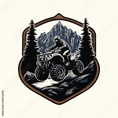Adventure badge logo of a white ATV rider crossing rocky terrain, backed by pine forest and bold mountain peaks. Masculine flat vector with brown highlights, fit for outdoor sports branding.