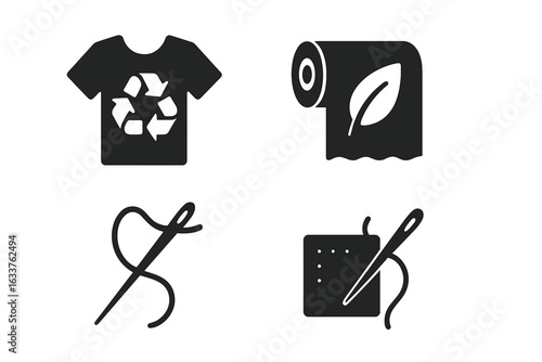 Sustainable Fashion Icon Set. Black Solid Filled Vector Symbols for Eco Shirt with Recycle Symbol, Organic Fabric Roll, Sewing Needle, Textile Repair, Upcycling, Tailoring. Isolated Illustration