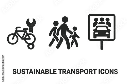 Solid sustainable transport icons set with eco-friendly initiatives including bike repair, walking group, carpool sign, and green mobility vector illustration on transparent background
