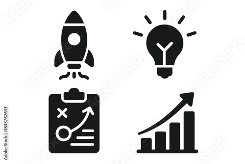 Startup growth icons set, solid filled vector illustration of business launch, rocket innovation, lightbulb idea, business plan strategy, growth analytics graph, entrepreneurship, creative solutions