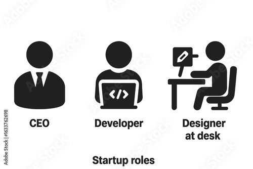 Startup team roles icons set. Business CEO leadership, developer programmer with laptop, designer at work desk. Flat solid vector people figures. Tech staff positions in modern companies