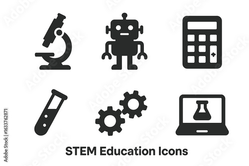 STEM Education Icons Collection. Science, Technology, Engineering, Math Symbols Set. Microscope, Robot, Calculator, Test Tube, Gears, Laptop Vector. Modern Learning Tools Illustration