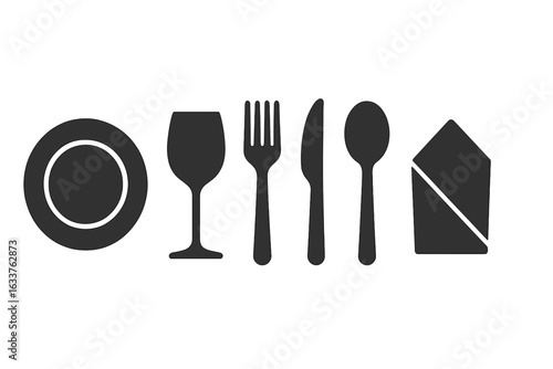 Solid filled table setting icons vector set with dinner plate, wine glass, fork, knife, spoon, napkin, elegant dining elements, restaurant and meal utensils illustration