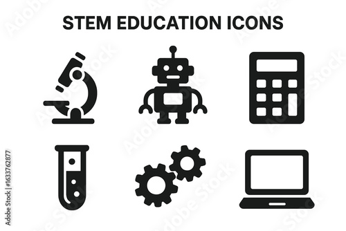 STEM education vector icons set. Science, technology, engineering, mathematics concepts. Microscope, robot, calculator, test tube, gears, laptop symbols. Modern solid black glyph icons