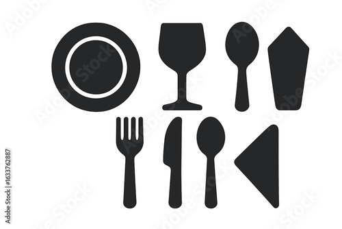 Black solid table setting icons collection. Vector illustration of dinner plate, wine glass, spoon, fork, knife, napkin, cutlery set. Restaurant, dining, kitchen utensil, food service symbols