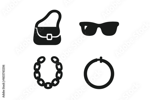 Street fashion accessories vector icons set. Solid filled silhouette icons of trendy crossbody shoulder bag, stylish sunglasses, chunky chain necklace, large hoop earring. Modern fashion elements.