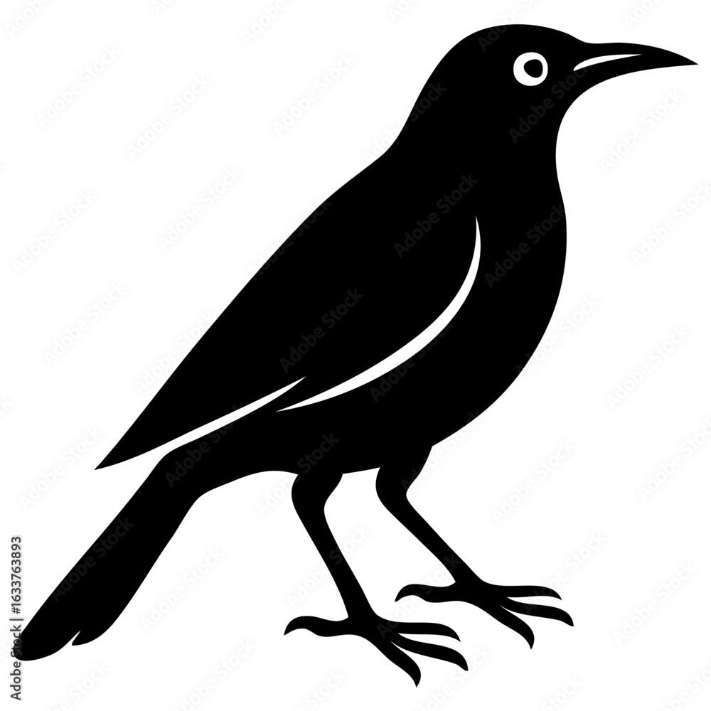 Obraz premium A clean black and white vector illustration of a perched crow bird, depicted in a minimalist silhouette style. Ideal for use in nature-themed graphics, birdwatching logos, wildlife illustrations.