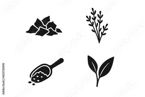 Tea Leaf Icons Collection. Solid Filled Icons of Loose Tea Leaves, Herbal Sprigs, Dried Botanicals, Tea Scoop with Powder, Herbal Tea Ingredients. Minimalist Vector Illustration Set Isolated.