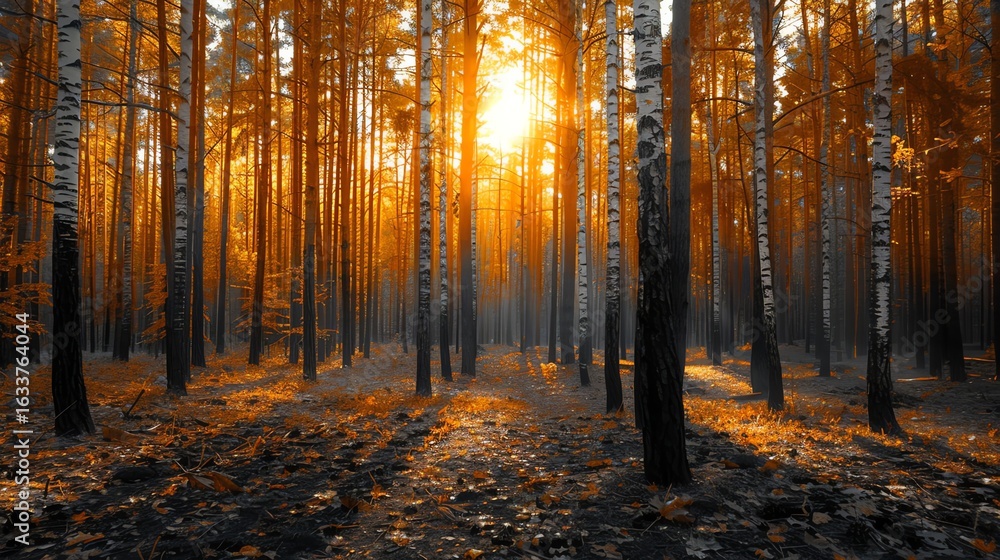 Fototapeta premium Sunset Forest Scene with Tall Trees and Golden Light in Autumn