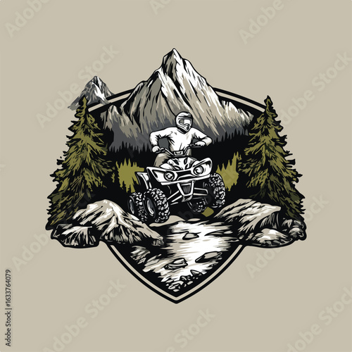 Adventure badge logo of a white ATV rider crossing rocky terrain, backed by pine forest and bold mountain peaks. Masculine flat vector with brown highlights, fit for outdoor sports branding.