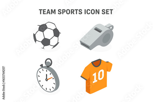 Isometric Team Sports Icons Set. Soccer Ball, Whistle, Stopwatch, Jersey Number 10. Flat Vector Illustration for Sports Training, Game Equipment, Referee Tools, Football Uniform, Match Timing