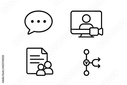 Team collaboration tool icons set with outline chat bubble, video call screen, shared document, version control, communication symbols, productivity and teamwork vector illustration