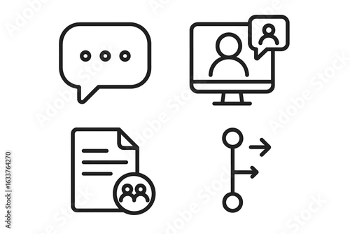 Outline vector icon set of team collaboration tools including chat bubble, video call screen, shared document, version control, communication and project management interface
