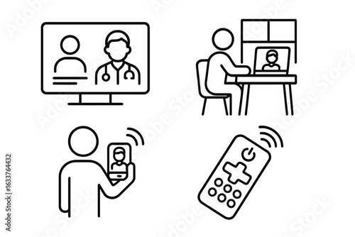 Telemedicine Icon Set with Outline Style, Remote Video Consultation, Precision Healthcare, Patient at Home Desk, Digital Health Technology, Telehealth Vector Illustration on Transparent Background