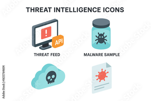Threat Intelligence Icon Set. Isometric Vector Collection. Cybersecurity Operations Symbols. Threat Feed API, Malware Sample Jar, Cloud Threat, Virus Document. Modern Security Infographic Elements