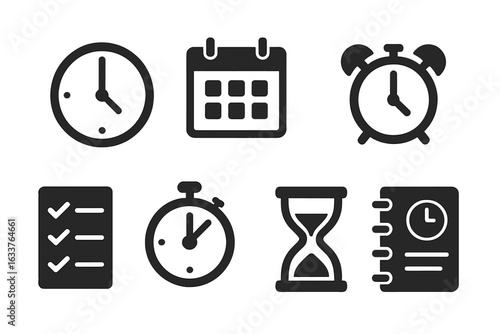 Solid Black Time Management Icons Set. Clock, Calendar, Alarm, Checklist, Stopwatch, Hourglass, Planner, Schedule, Organization, Productivity Tools, Reminder, Efficiency Vector Illustration