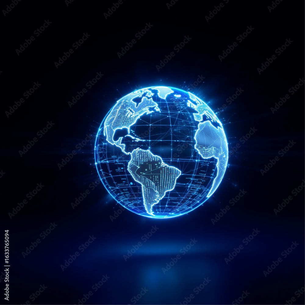 Obraz premium Holographic Digital Globe with Futuristic Tech Lines. 3D-style digital globe with data trails and glowing lines. Great for technology, connectivity, or business background visuals.