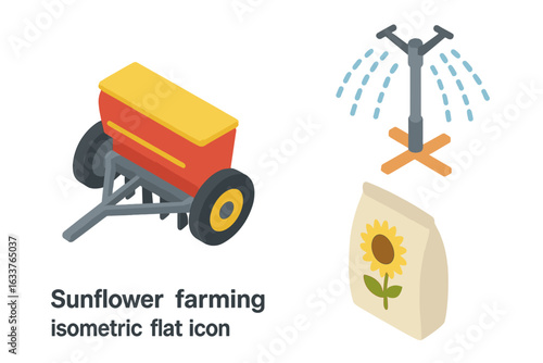 Sunflower Farming Isometric Vector Icons Set. Seed Drill, Irrigation Sprinkler, Sunflower Seed Bag, Modern Agriculture Equipment, Farming Tools, Crop Cultivation, Agricultural Machinery Illustration