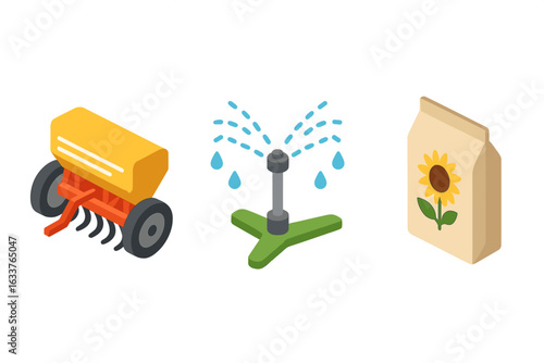 Sunflower Farming Isometric Vector Set. Agricultural Seed Drill, Irrigation Sprinkler System, Fertilizer and Seed Bag Icons. Plant Cultivation Equipment. Modern Farm Tools, Crop Growth Essentials