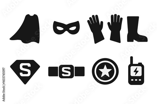 Superhero Accessories Icon Set. Black Solid Vector Illustrations. Cape, Eye Mask, Gloves, Boots, Belt, Emblem, Shield, Communicator Gadgets. Hero Costume Elements Collection. Isolated Clipart Symbols