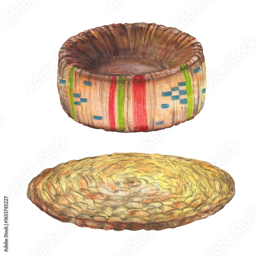 Obraz na plátně Wicker stand for Ethiopian coffee pot with traditional ornament and straw napkin Watercolor isolated illustration