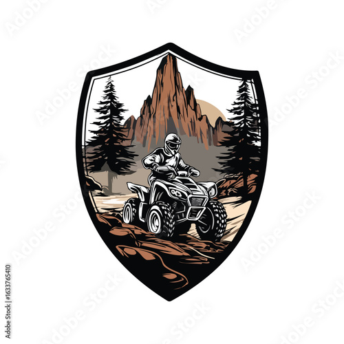 Adventure badge logo of a white ATV rider crossing rocky terrain, backed by pine forest and bold mountain peaks. Masculine flat vector with brown highlights, fit for outdoor sports branding.