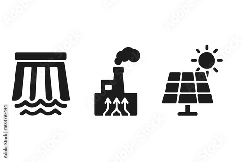 Sustainable energy icons set. Hydroelectric dam, geothermal power plant, solar panel with sun. Black vector illustration. Renewable electricity, alternative energy, green power technology, eco concept