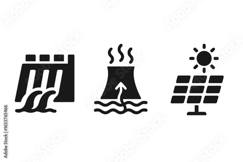 Renewable Energy Icons Set. Hydroelectric Dam, Geothermal Power Plant, Solar Panel Illustration. Sustainable Energy Technology Symbols. Clean Electricity Generation. Eco-Friendly Power Vector Graphic