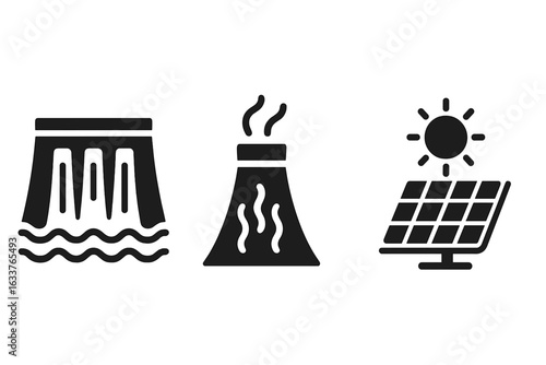 Solid filled icons of sustainable energy sources. Hydroelectric dam, geothermal plant, solar panel with sun. Eco friendly renewable power generation, alternative clean electricity vector illustration.