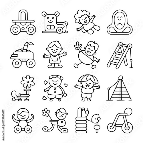 Playful childhood icons: monochrome line art set of 20. Kids, toys, playground equipment, swing, slide, trike, rocking horse, wagon. Simple, happy vector illustrations for children's designs.