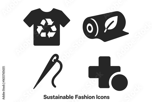 Sustainable fashion icons set. Recycled clothing, eco textile roll, sewing needle, mend and repair symbols. Solid filled vector collection for ethical, green, zero waste and circular fashion concepts.