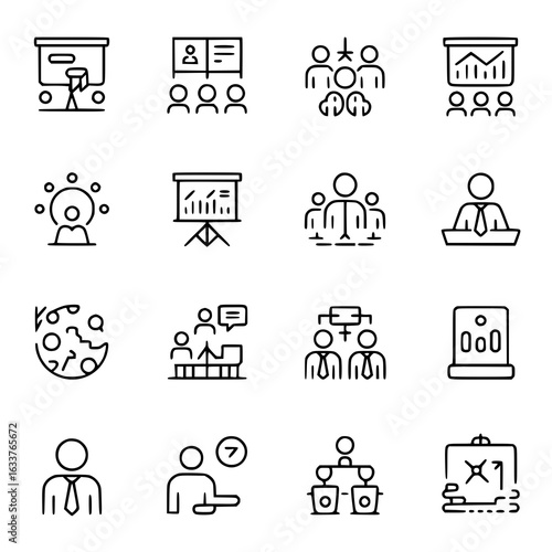 Business presentation and teamwork icon set. Vector line art collection featuring people, charts, presentations, graphs, speech bubbles, podium, globe, laptop, and organizational hierarchy. Simple bla